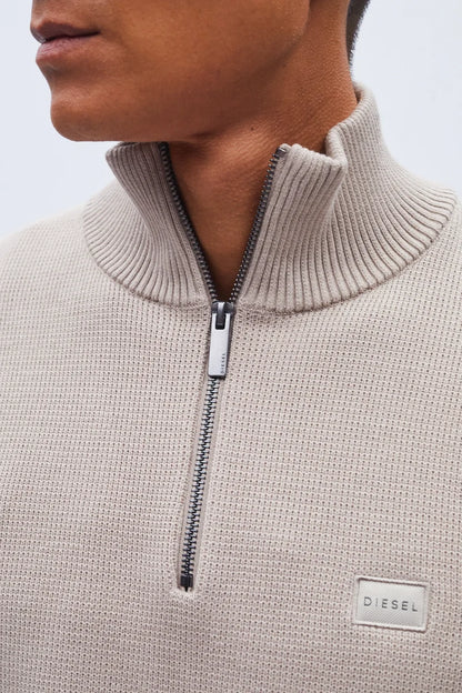 Diesel Twain Textured Cotton Knit Half Zip Jumper Sandshore