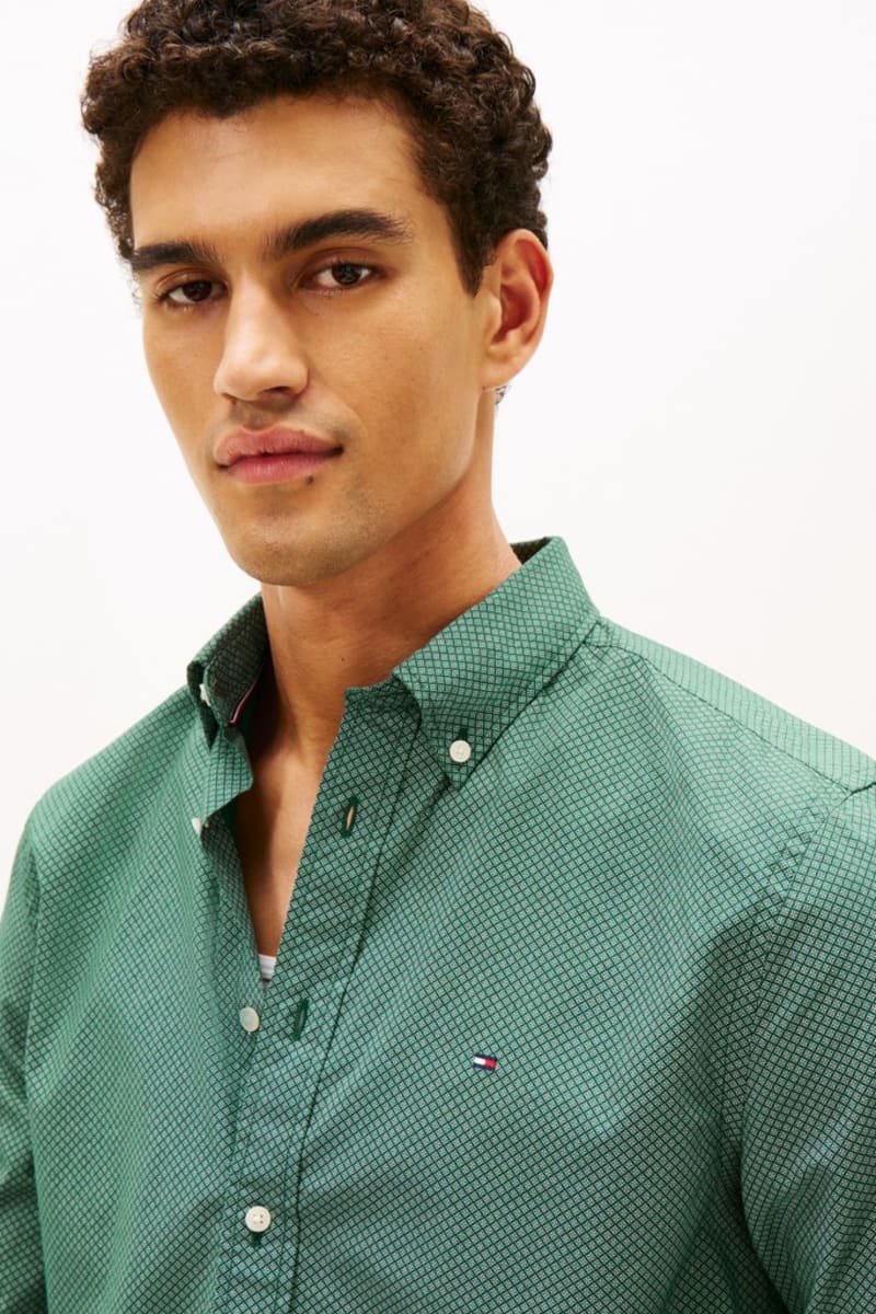 Tommy Hilfiger 40455 Regular Fit Flex Poplin Micro Print Shirt Ornamental Green