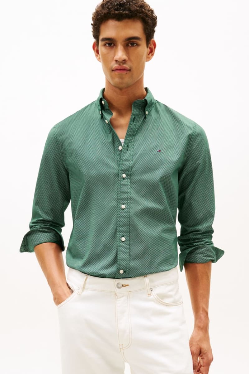 Tommy Hilfiger 40455 Regular Fit Flex Poplin Micro Print Shirt Ornamental Green