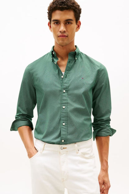 Tommy Hilfiger 40455 Regular Fit Flex Poplin Micro Print Shirt Ornamental Green