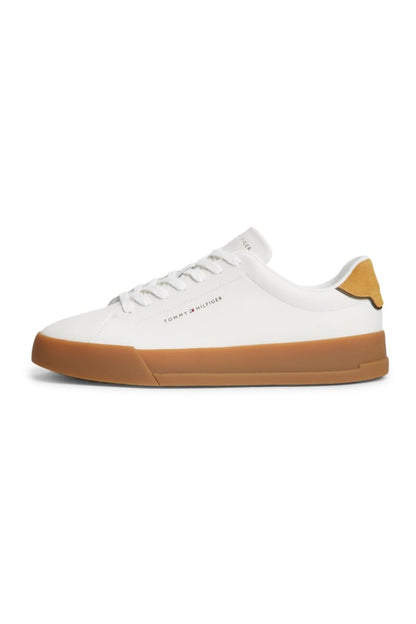Tommy Hilfiger 5367 Pebble Grain Court Leather Sneakers Ecru and Yellow Mustard