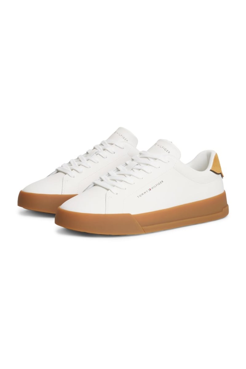 Tommy Hilfiger 5367 Pebble Grain Court Leather Sneakers Ecru and Yellow Mustard