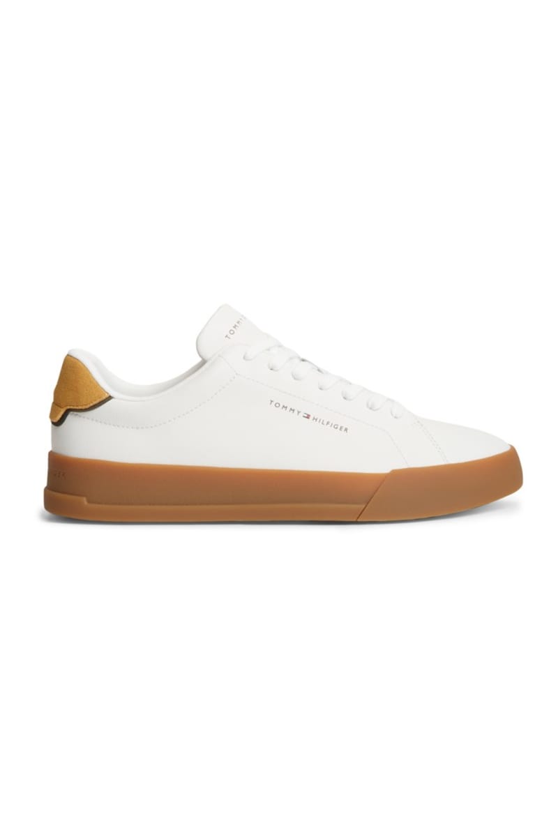 Tommy Hilfiger 5367 Pebble Grain Court Leather Sneakers Ecru and Yellow Mustard