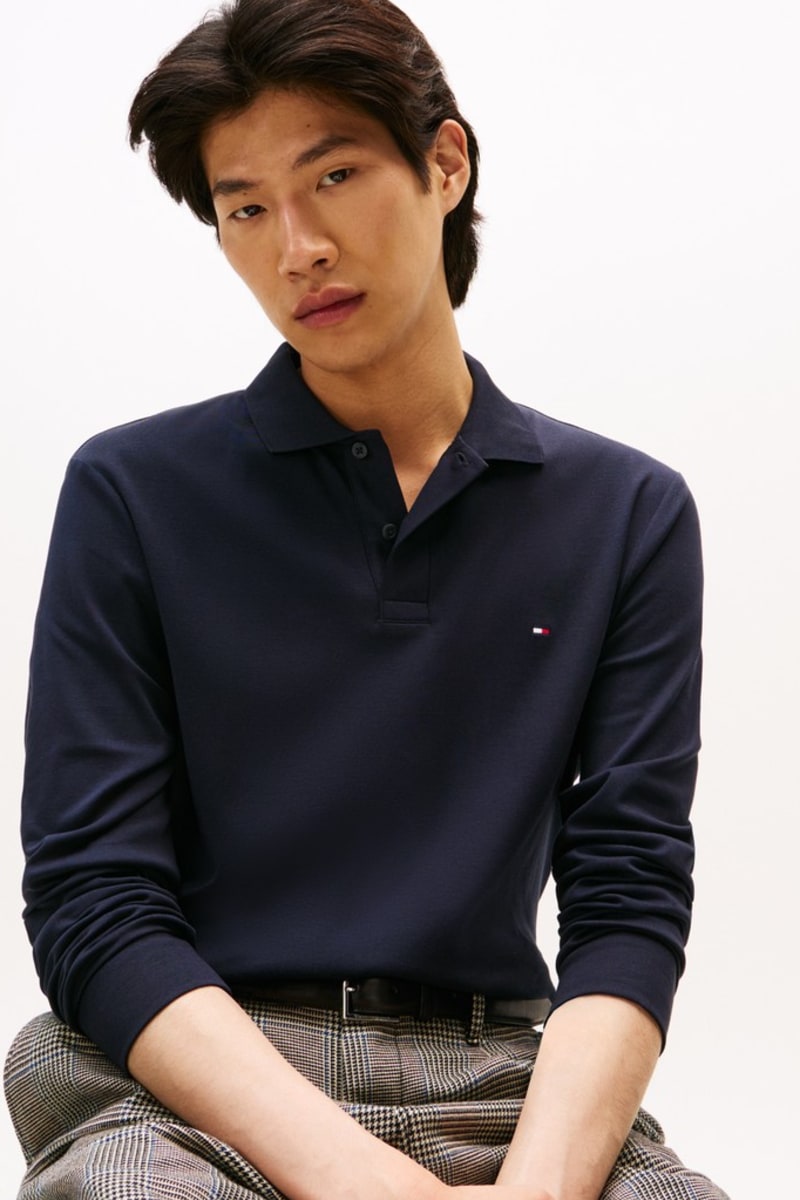 Tommy Hilfiger 37317 Liquid Cotton Long Sleeve Regular Fit Polo Shirt Navy Blue