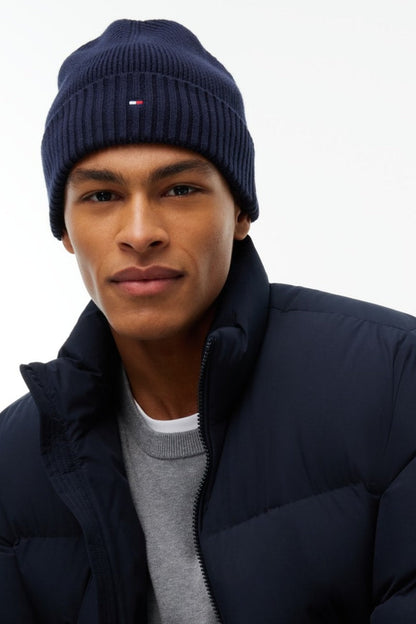 Tommy Hilfiger Flag Pima Cotton Cashmere Beanie in Space Blue, knit detail