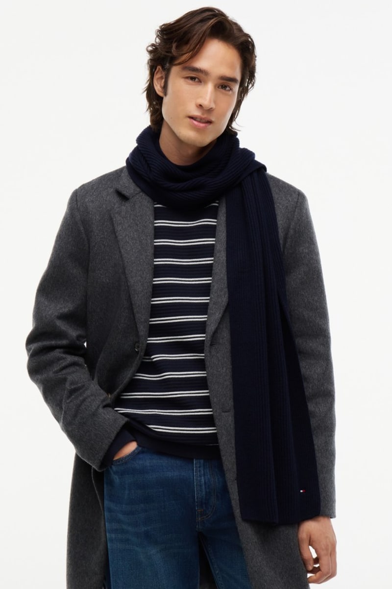 Tommy Hilfiger Flag Pima Cotton Cashmere Scarf in Space Blue, flag embroidery detail