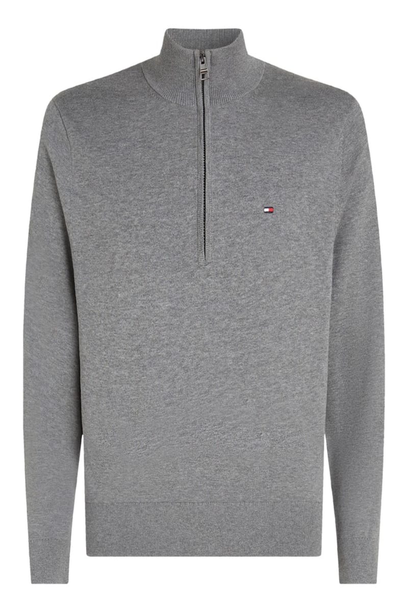 Tommy Hilfiger 37331 Regular Fit Essential Cotton Quarter Zip Mock Neck Jumper Medium Grey Heather