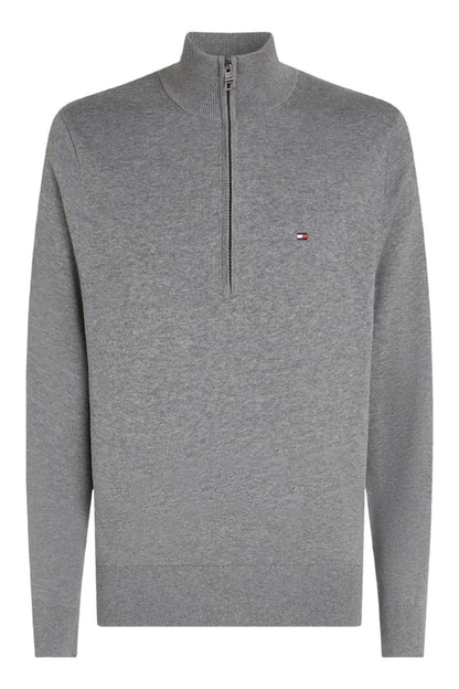 Tommy Hilfiger 37331 Regular Fit Essential Cotton Quarter Zip Mock Neck Jumper Medium Grey Heather