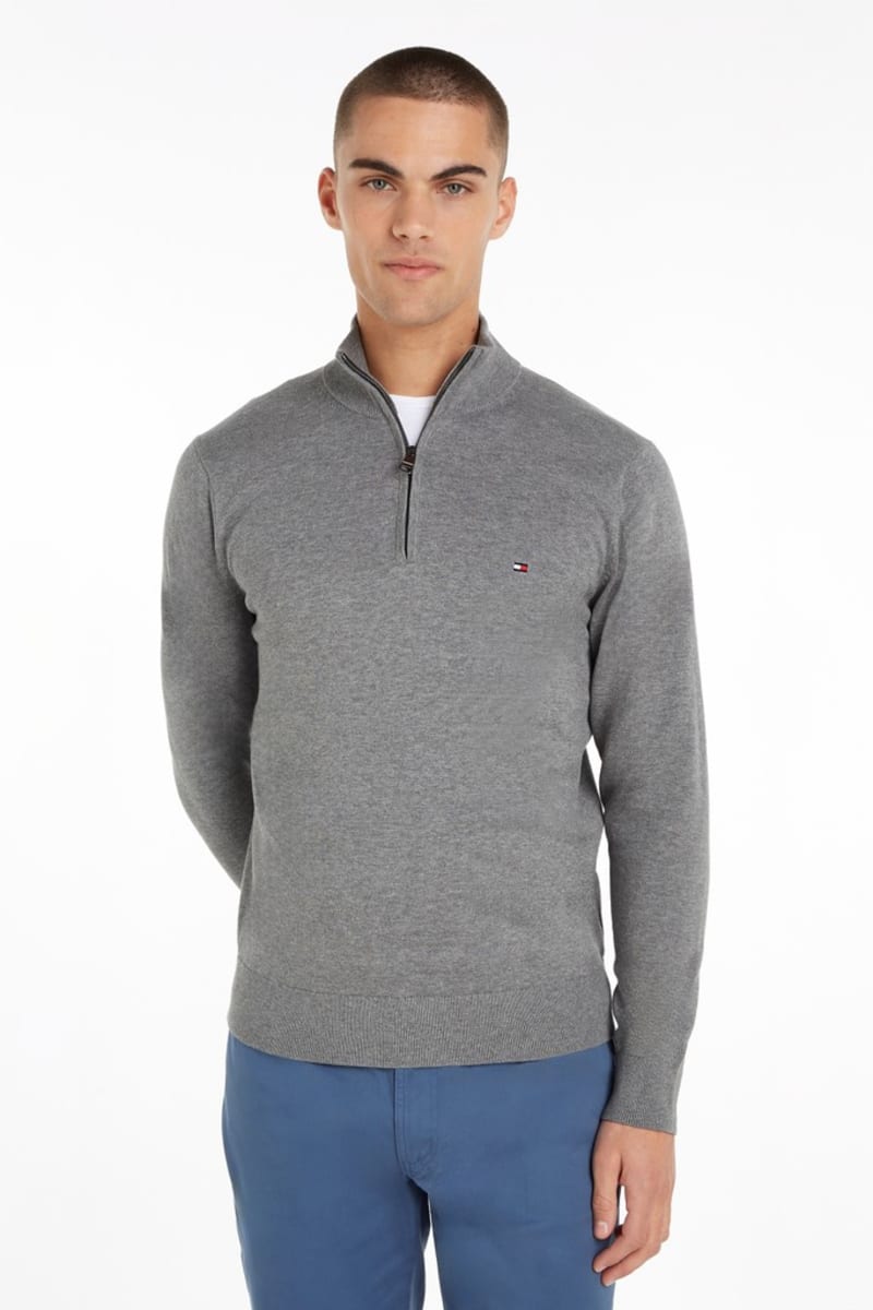Tommy Hilfiger 37331 Regular Fit Essential Cotton Quarter Zip Mock Neck Jumper Medium Grey Heather