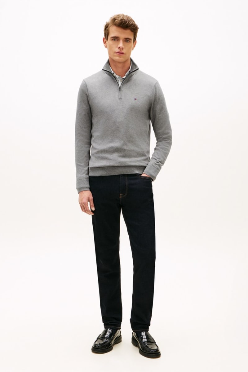 Tommy Hilfiger 37331 Regular Fit Essential Cotton Quarter Zip Mock Neck Jumper Medium Grey Heather