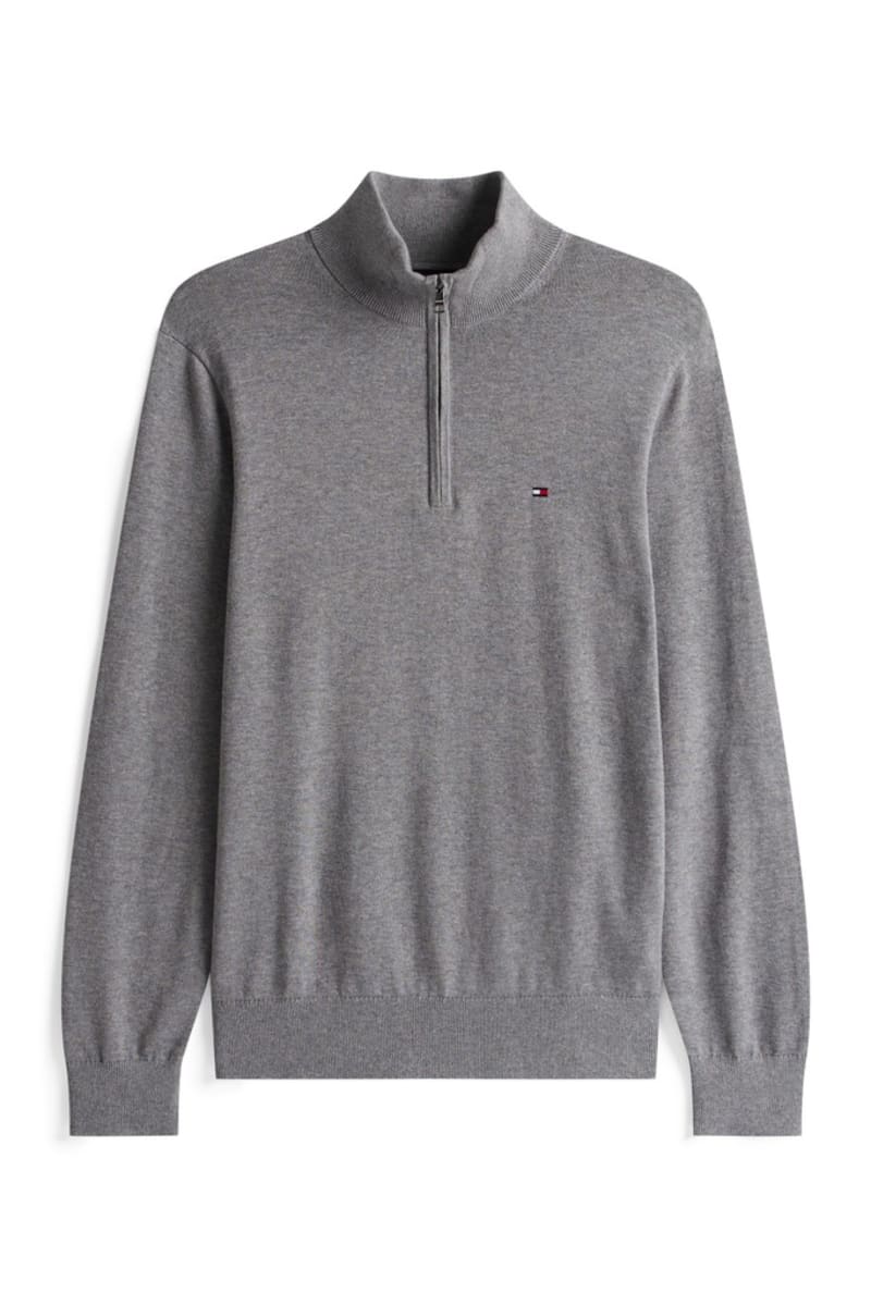Tommy Hilfiger 37331 Regular Fit Essential Cotton Quarter Zip Mock Neck Jumper Medium Grey Heather