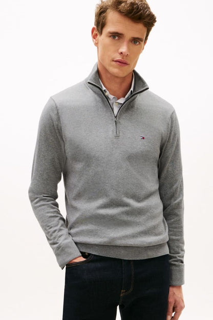 Tommy Hilfiger 37331 Regular Fit Essential Cotton Quarter Zip Mock Neck Jumper Medium Grey Heather