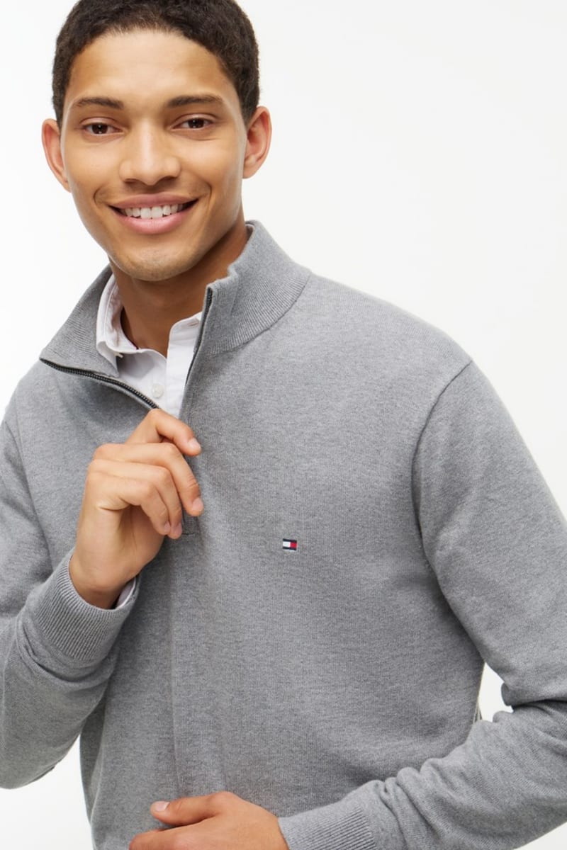 Tommy Hilfiger 37331 Regular Fit Essential Cotton Quarter Zip Mock Neck Jumper Medium Grey Heather