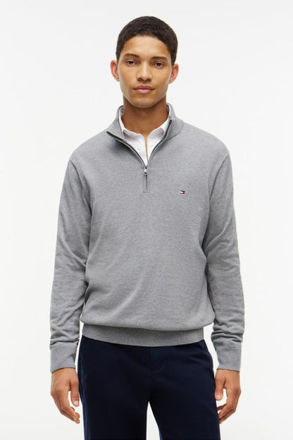 Tommy Hilfiger 37331 Regular Fit Essential Cotton Quarter Zip Mock Neck Jumper Medium Grey Heather