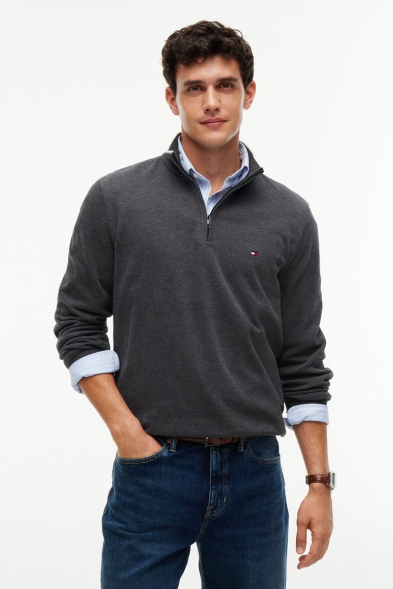 Tommy Hilfiger MW0MW40042 Regular Fit French Rib Cotton Quarter Zip Jumper Charcoal Heather
