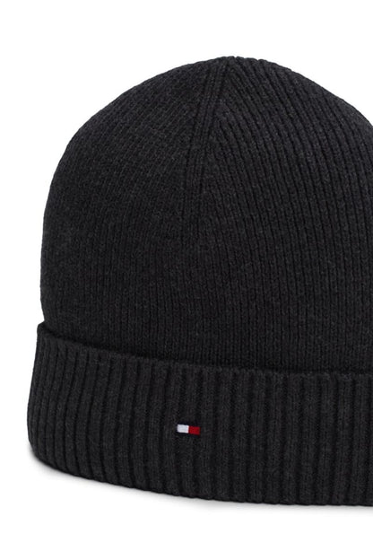 Tommy Hilfiger Flag Pima Cotton Cashmere Beanie in Charcoal Grey, cuff detail