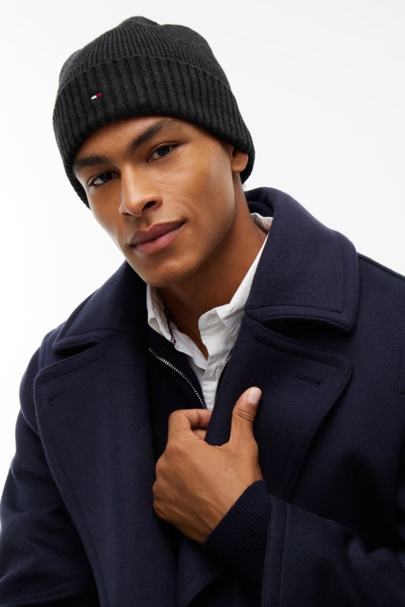 Tommy Hilfiger Flag Pima Cotton Cashmere Beanie in Charcoal Grey, knit detail