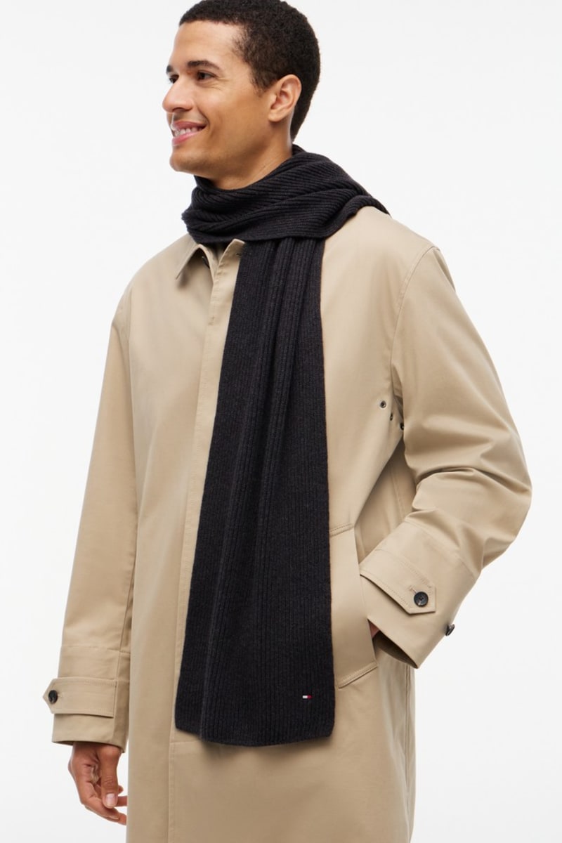 Tommy Hilfiger Flag Pima Cotton Cashmere Scarf in Charcoal Grey, flag embroidery detail
