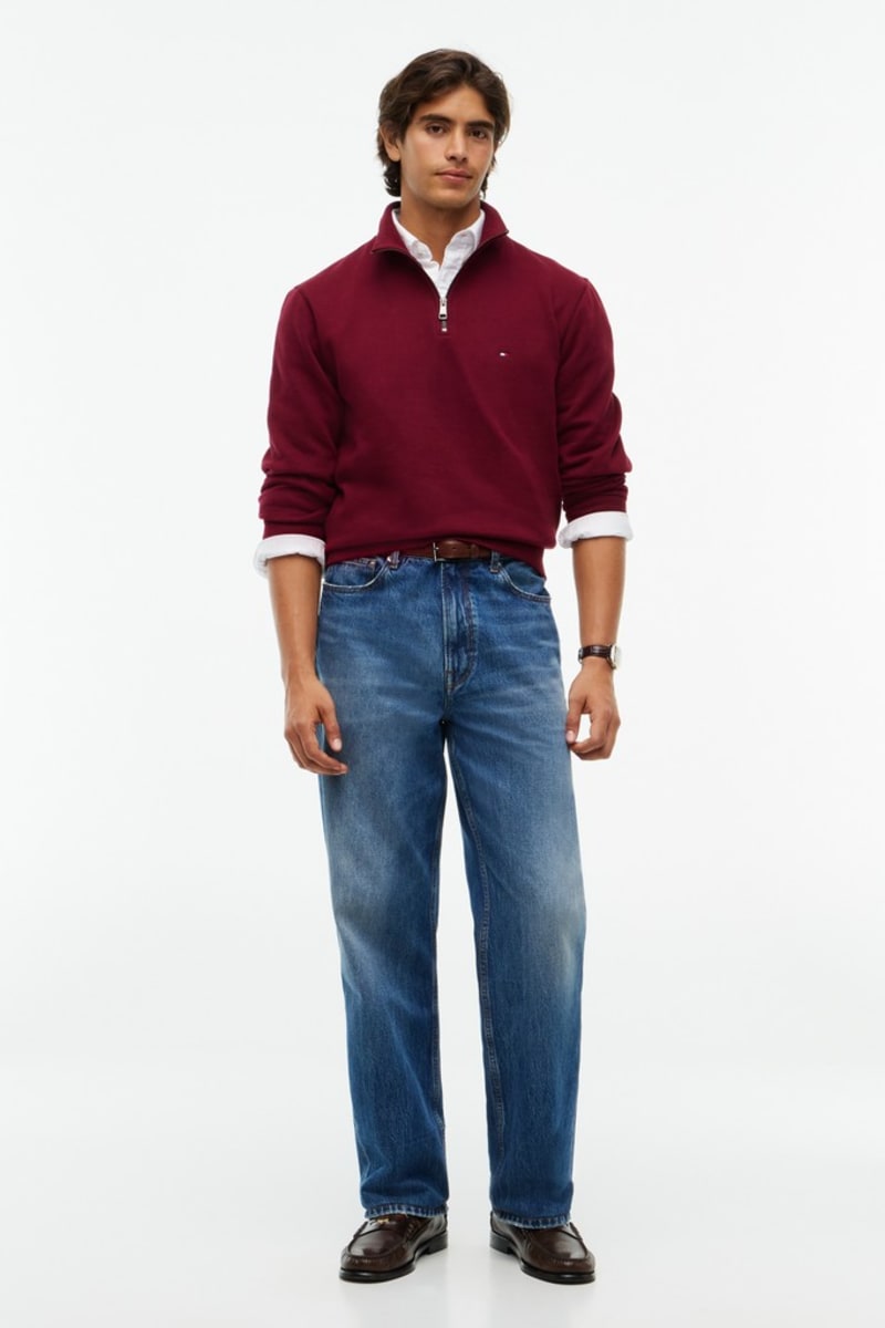 Tommy Hilfiger 37233 Regular Fit Essential Fleece Quarter Zip Sweatshirt Burgundy