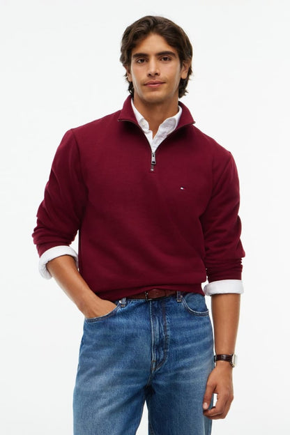 Tommy Hilfiger 37233 Regular Fit Essential Fleece Quarter Zip Sweatshirt Burgundy