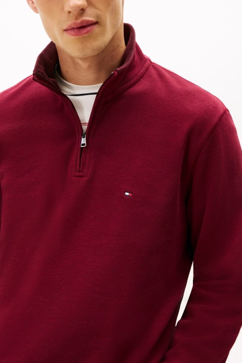 Tommy Hilfiger MW0MW40042 Regular Fit French Rib Cotton Quarter Zip Jumper Burgundy
