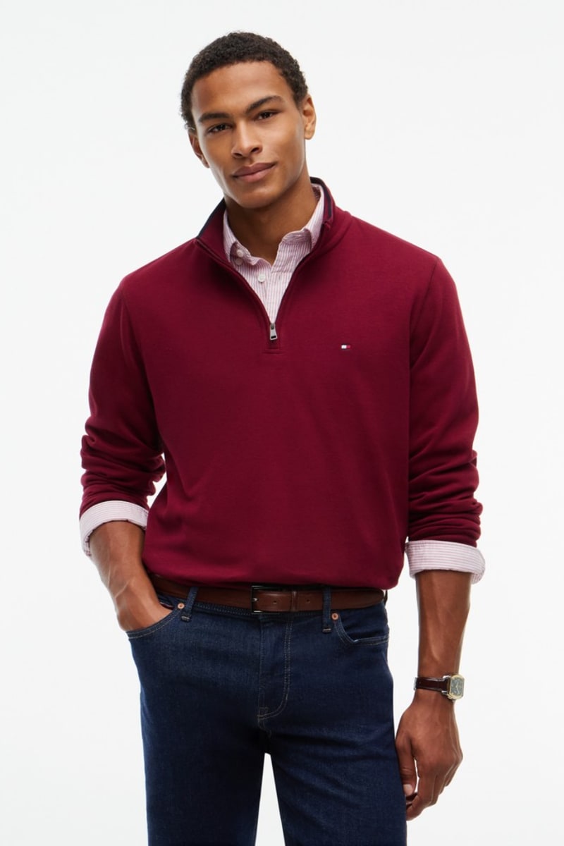 Tommy Hilfiger MW0MW40042 Regular Fit French Rib Cotton Quarter Zip Jumper Burgundy