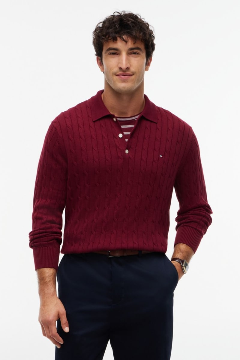 Tommy Hilfiger 41955 Regular Fit Classic Cable Knit Polo Jumper Burgundy