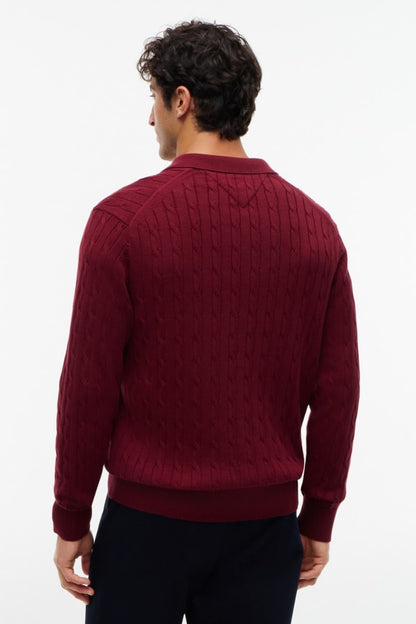 Tommy Hilfiger 41955 Regular Fit Classic Cable Knit Polo Jumper Burgundy