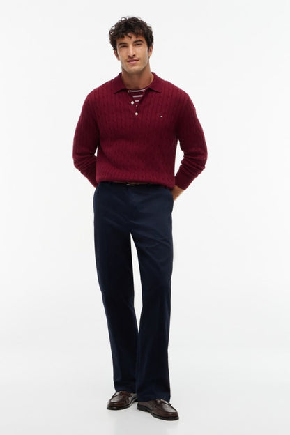 Tommy Hilfiger 41955 Regular Fit Classic Cable Knit Polo Jumper Burgundy