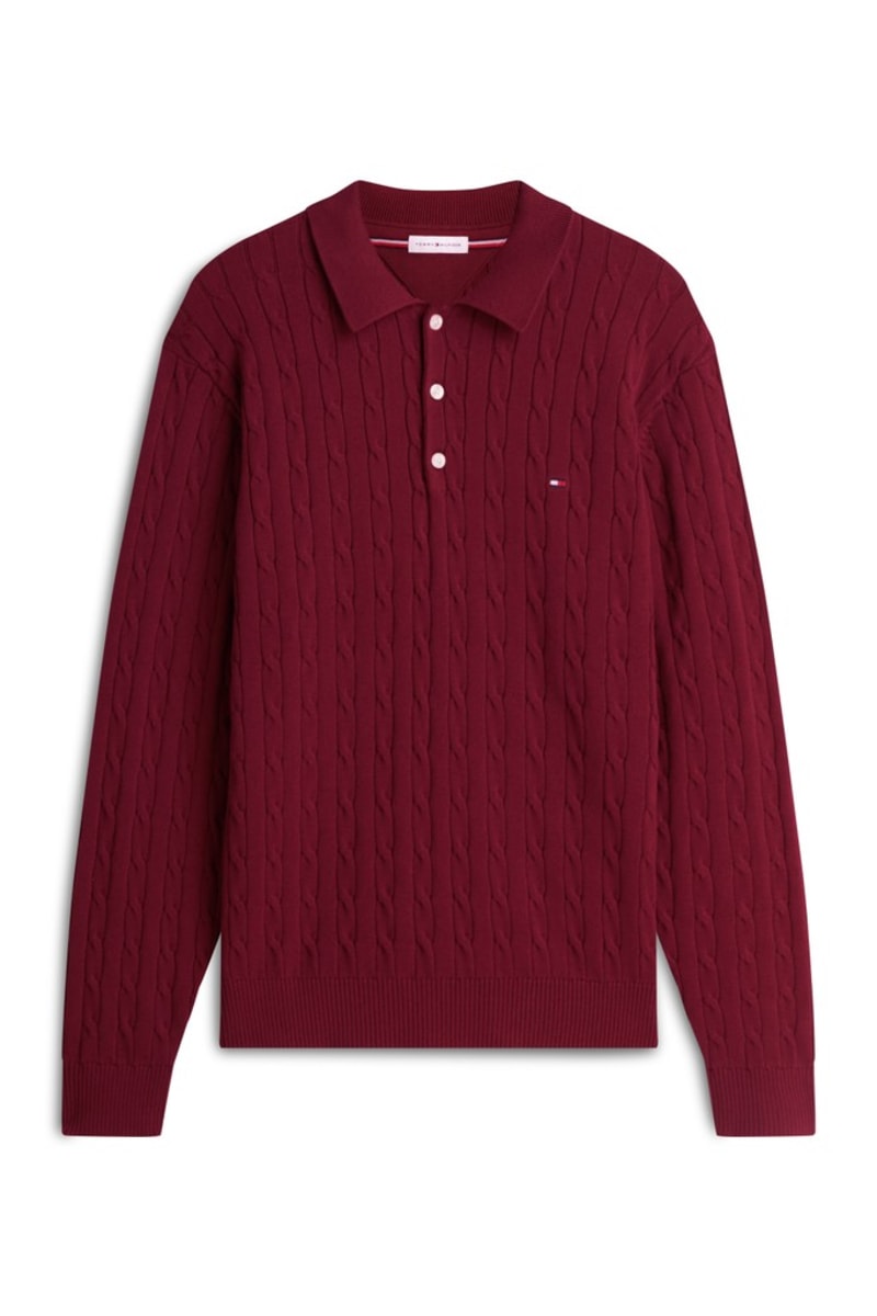 Tommy Hilfiger 41955 Regular Fit Classic Cable Knit Polo Jumper Burgundy