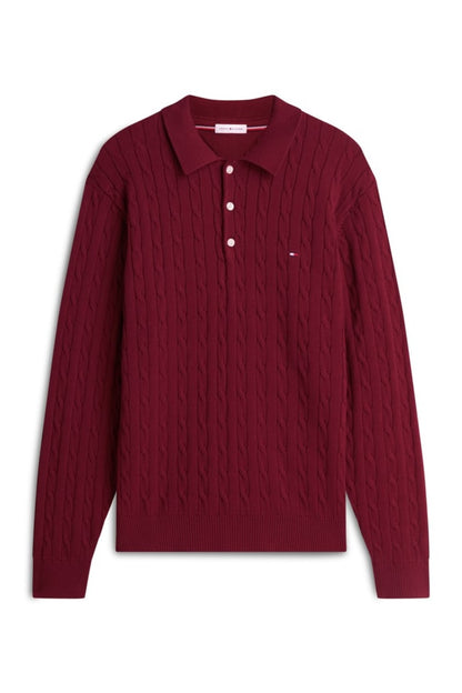 Tommy Hilfiger 41955 Regular Fit Classic Cable Knit Polo Jumper Burgundy