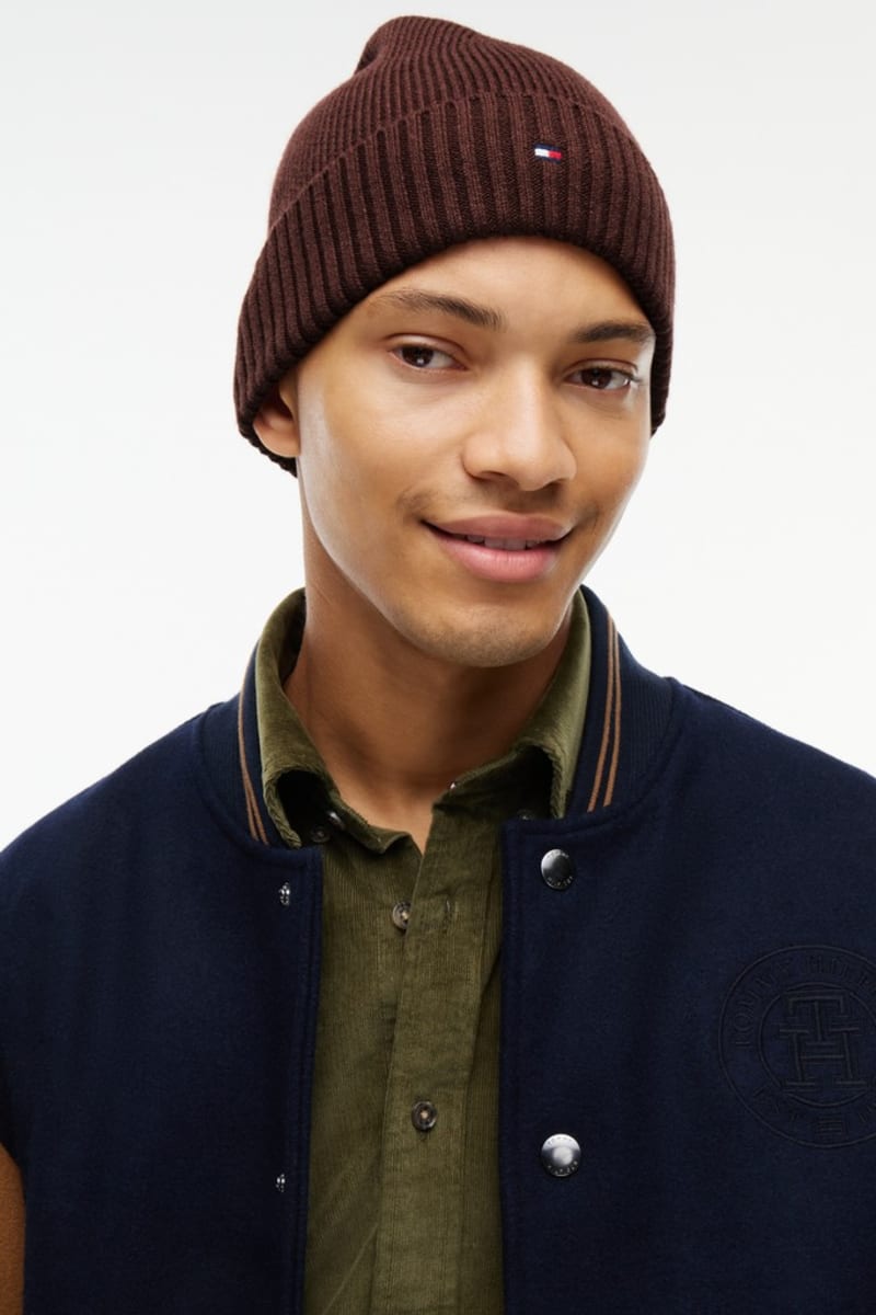 Tommy Hilfiger Flag Pima Cotton Cashmere Beanie in Red Wine, knit detail