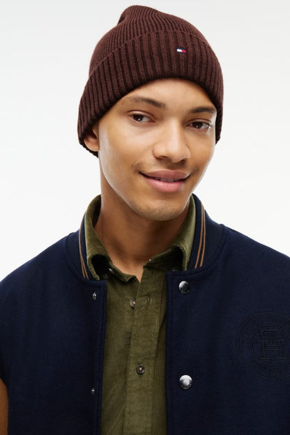 Tommy Hilfiger Flag Pima Cotton Cashmere Beanie in Red Wine, knit detail