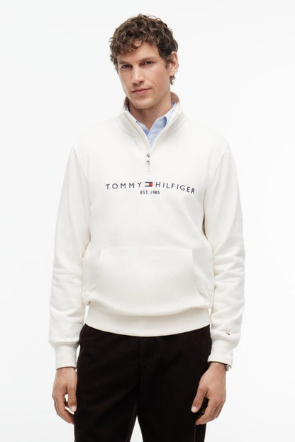 Tommy Hilfiger 20954 Regular Fit Logo Half Zip Mock Neck Sweatshirt Ivory Petal