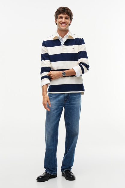Tommy Hilfiger 45692 Essential Stripe Rugby Jumper Ivory Petal and Carbon Navy