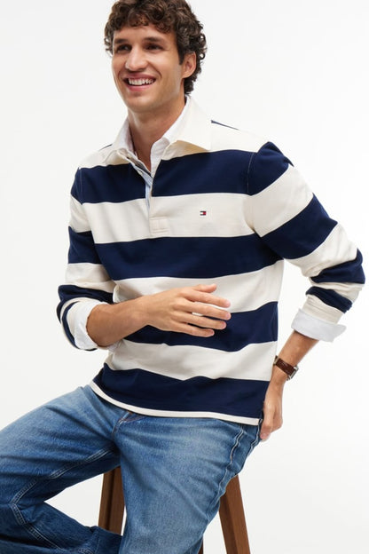 Tommy Hilfiger 45692 Essential Stripe Rugby Jumper Ivory Petal and Carbon Navy
