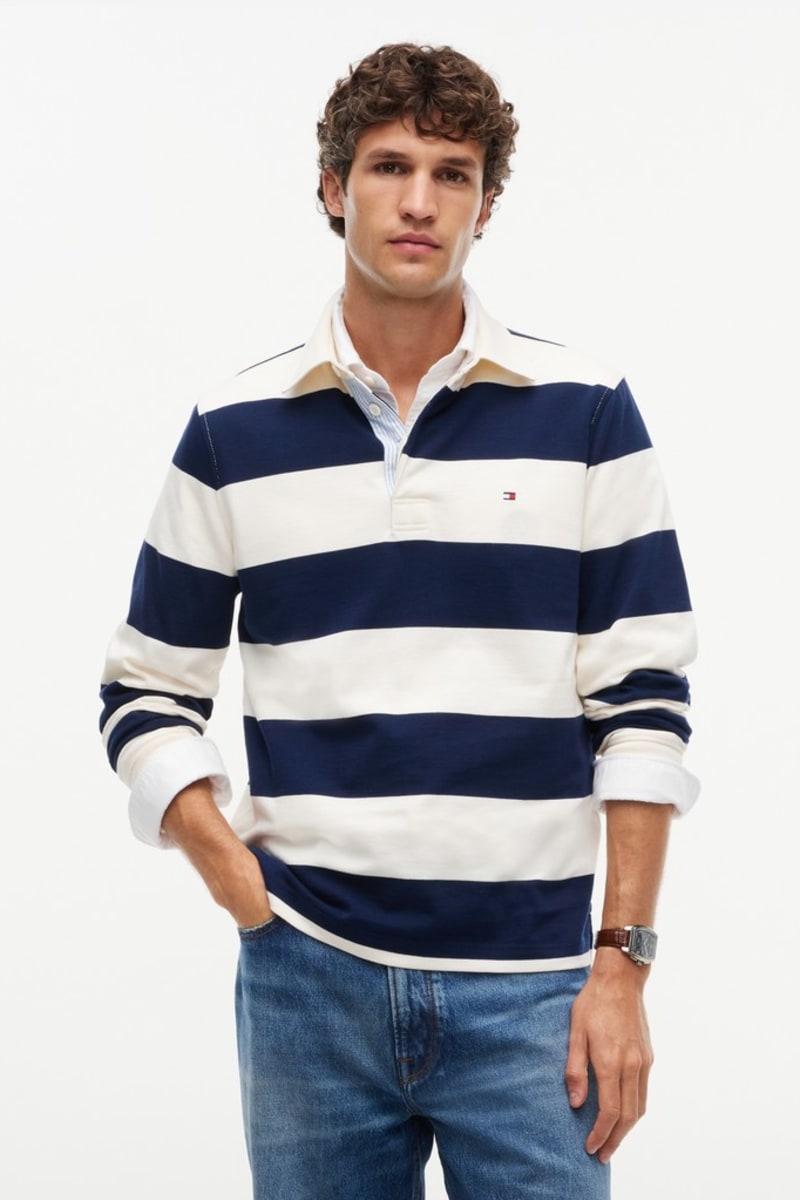 Tommy Hilfiger 45692 Essential Stripe Rugby Jumper Ivory Petal and Carbon Navy