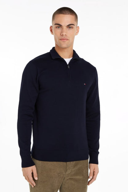 Tommy Hilfiger Essential Cotton Zip Mock Neck Jumper Navy Blue