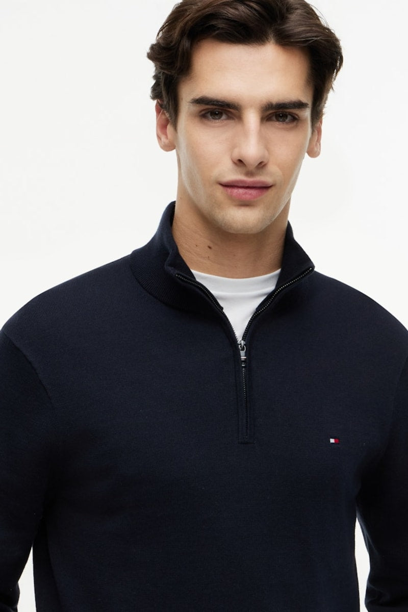 Tommy Hilfiger Essential Cotton Zip Mock Neck Jumper Navy Blue