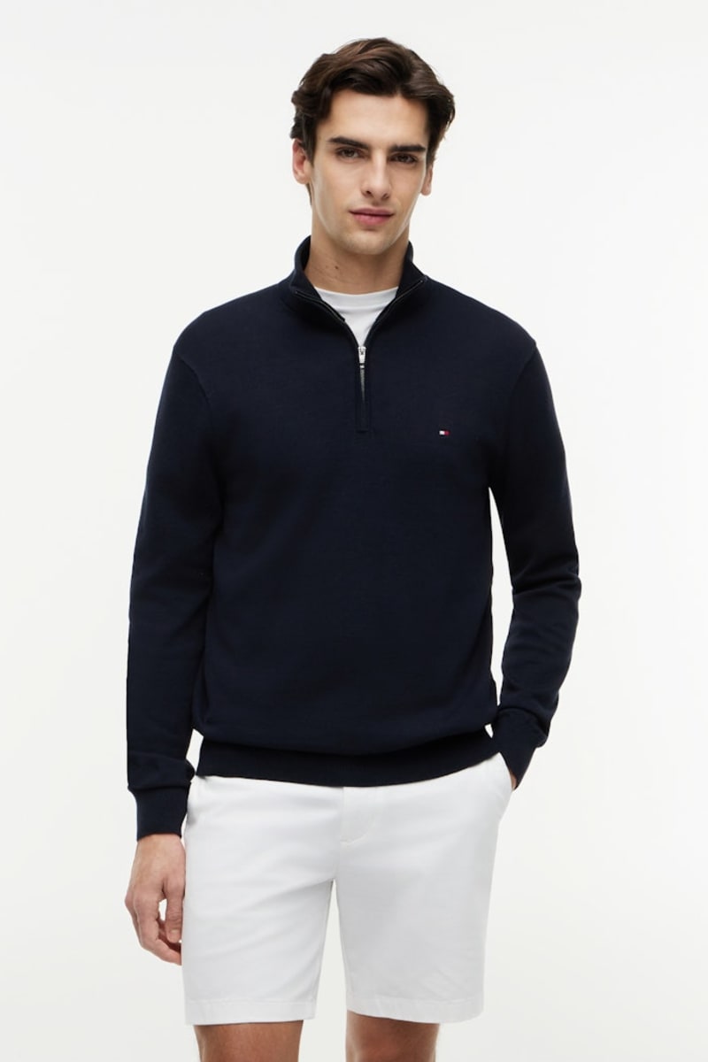Tommy Hilfiger Essential Cotton Zip Mock Neck Jumper Navy Blue
