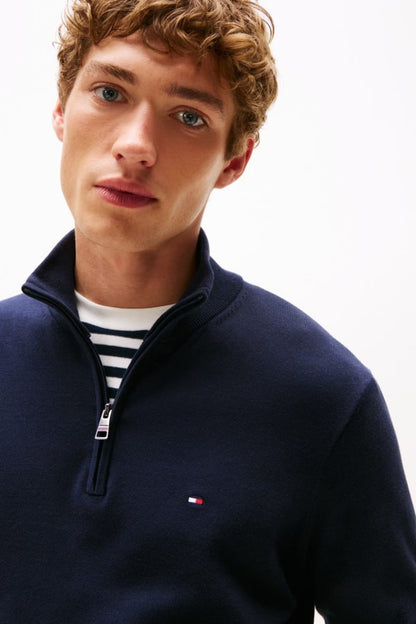 Tommy Hilfiger Essential Cotton Zip Mock Neck Jumper Navy Blue