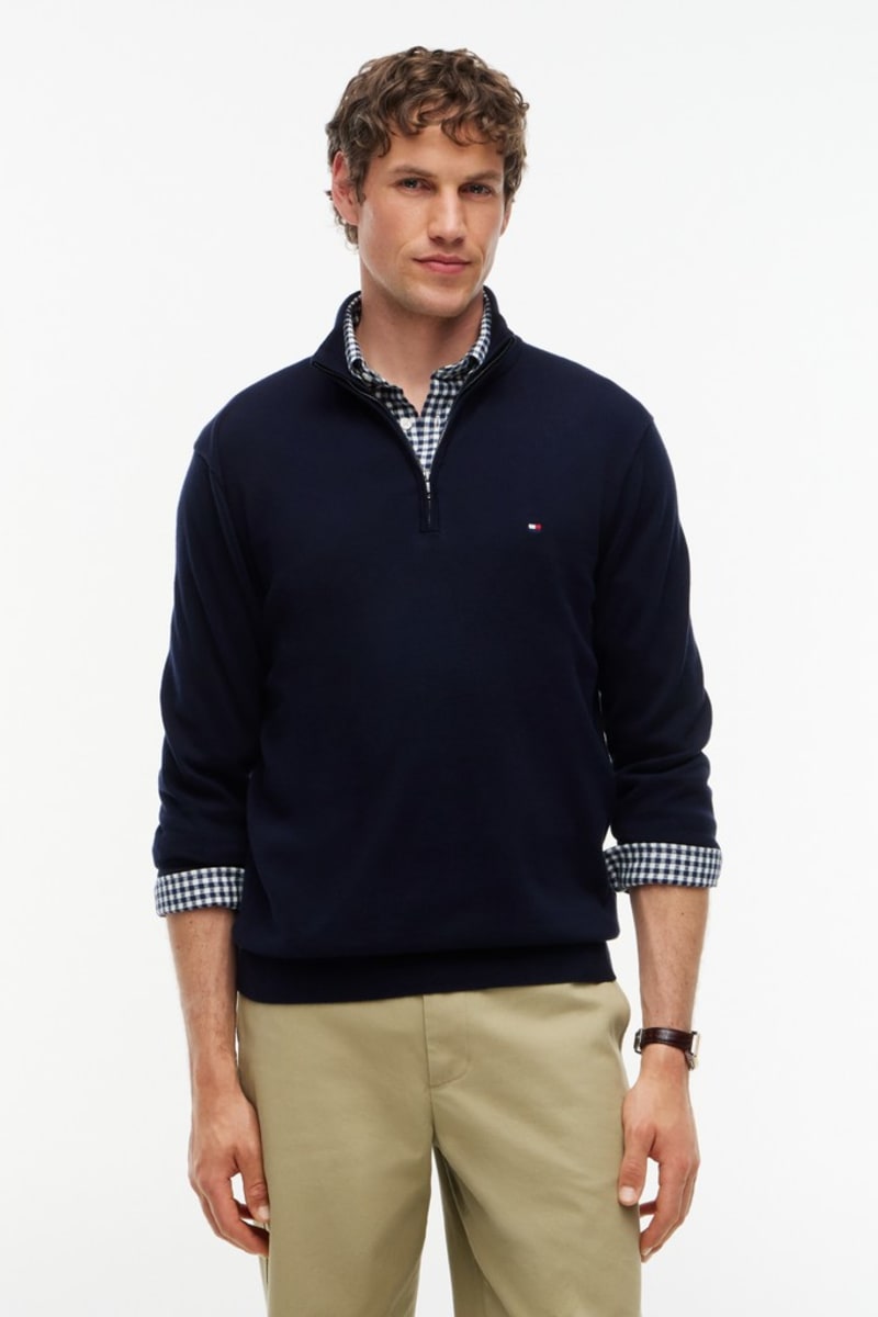 Tommy Hilfiger Essential Cotton Zip Mock Neck Jumper Navy Blue