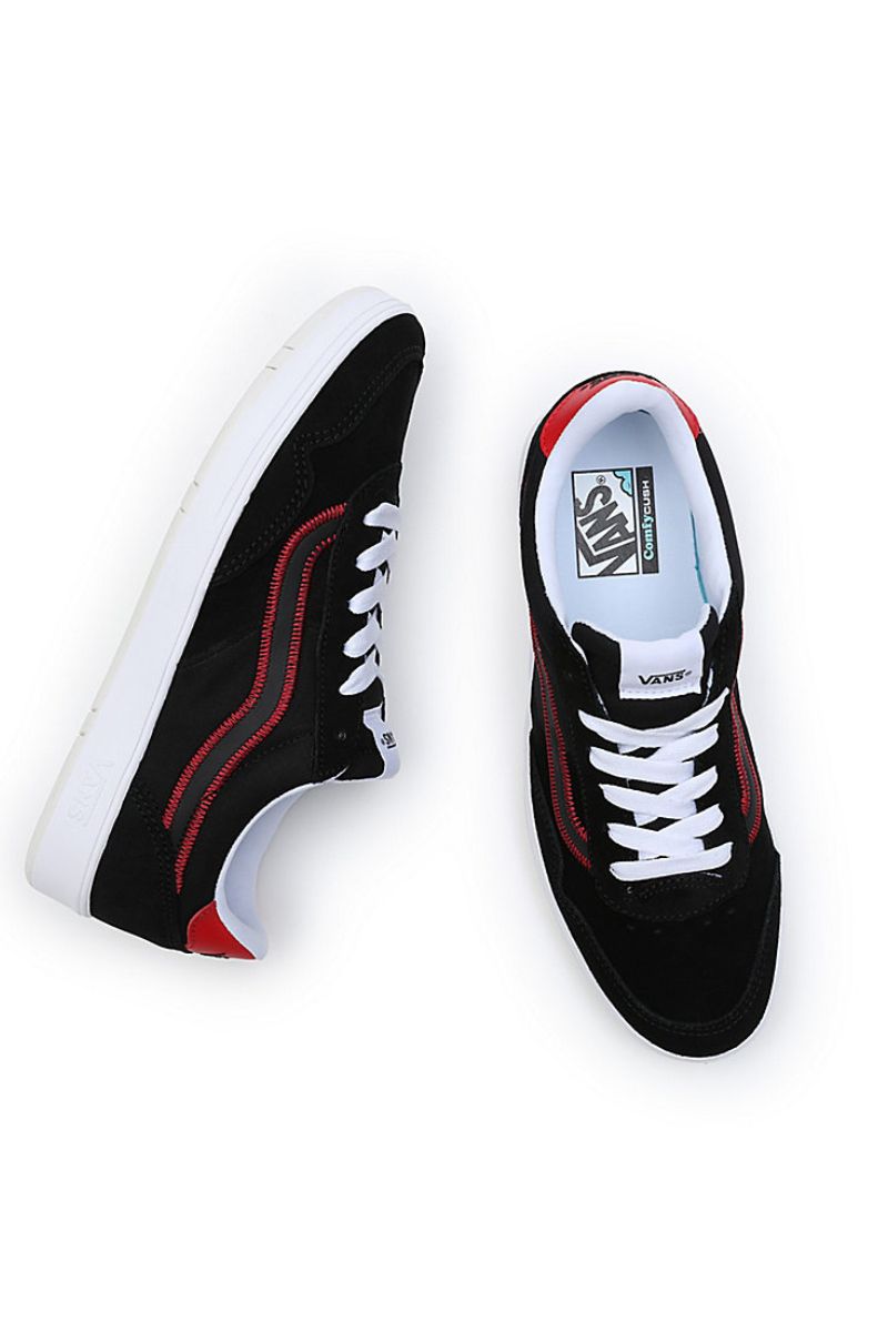 Grey vans hotsell with red stripe