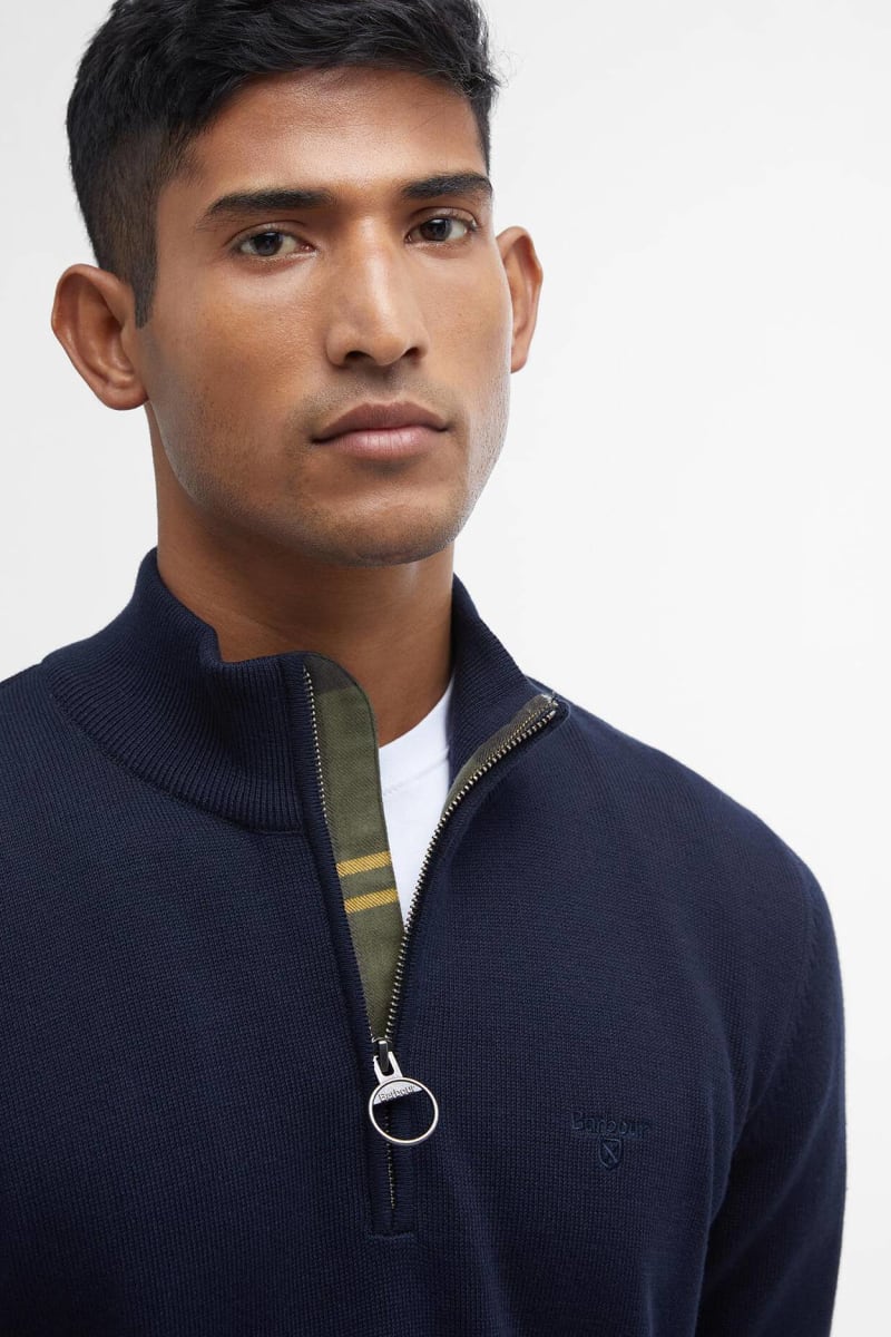 Barbour Cotton Half Zip Knit jumper navy, tartan placket and ring-puller detail