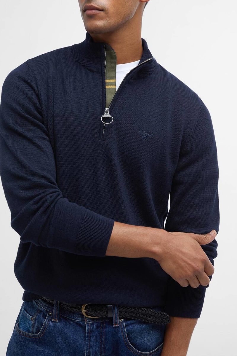 Barbour Cotton Half Zip Knit jumper navy, worn over a shirt
