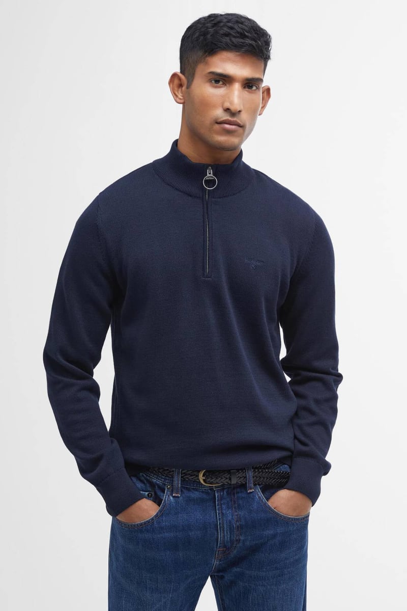 Barbour Cotton Half Zip Knit jumper in navy, front view