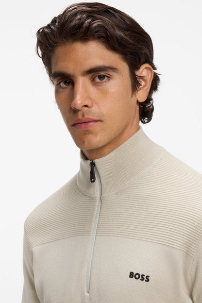 BOSS 50547898 Momentum-X Quarter Zip Knit Jumper Light Beige
