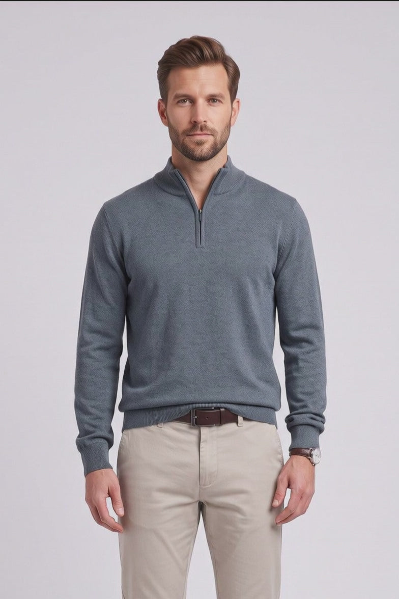 Bugatti 25529F Quarter Zip Knit Jumper Blue Grey