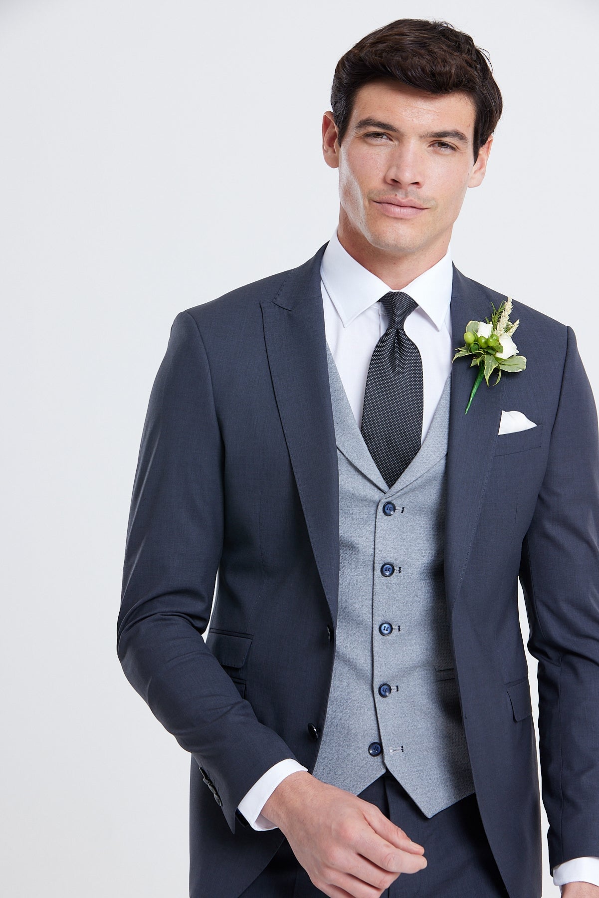 Navy Blue Floral Silk Men's Vest Hanky Cufflinks Tie Set Waistcoat Sui
